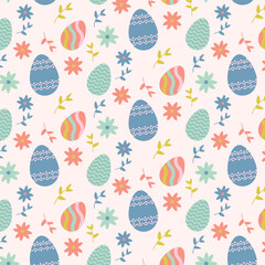 Easter eggs seamless pattern background with with colorful eggs, flowers, leaves. Spring holiday. Vector Illustration.