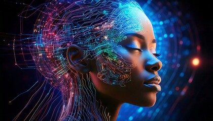 Neural Network Dreamscape – A surreal depiction of a human mind processing digital information while sleeping, merging artificial intelligence with human imagination