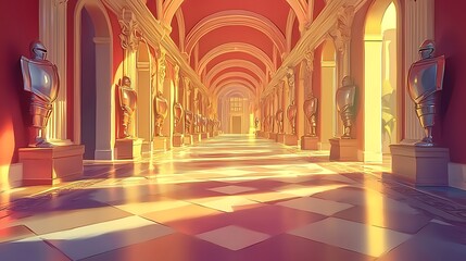 Obraz premium Sunlit Palace Hallway with Armor Statues.