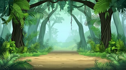 Lush Green Tropical Jungle Path Digital Illustration