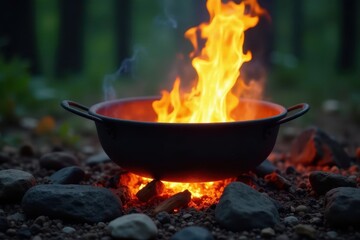 Campfire cooking in travel pot, flames visible, open fire, bushcraft