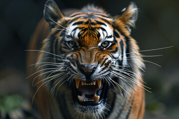 Fototapeta premium Portrait Dynamic Roaring Tiger Lighting Closeup Face