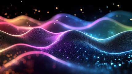 Obraz premium Abstract Colorful Wave Pattern with Glowing Particles and Dynamic Light Effects on a Dark Background