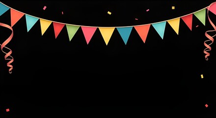 blank space for text, customizable festive invitation border, high-contrast black background with colorful flags, dynamic and bright celebration template, stylish and modern party banner, fun and vibr