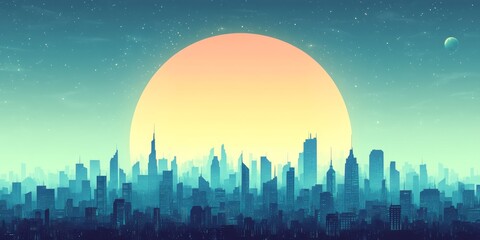 Futuristic city skyline with large sun and small moon