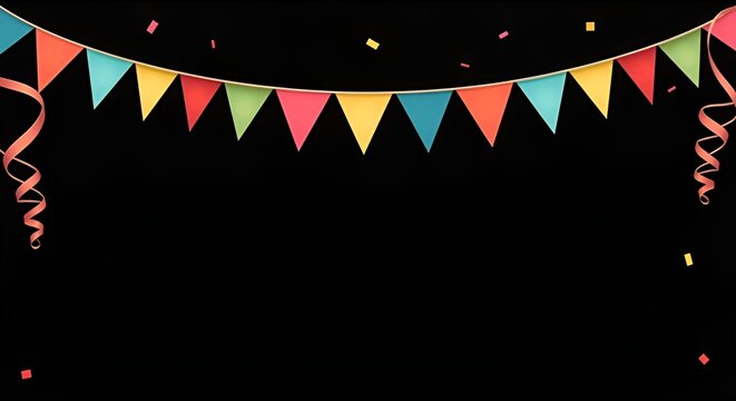 blank space for text, customizable festive invitation border, high-contrast black background with colorful flags, dynamic and bright celebration template, stylish and modern party banner, fun and vibr - Powered by Adobe