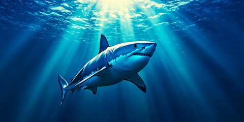 Obraz premium A shark swims gracefully in clear blue waters, illuminated by beams of sunlight filtering through the ocean surface.