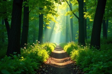 Narrow forest trail, sunlight filtering through canopy, scenic, leaves, mysterious