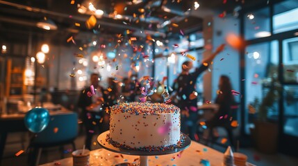 A Celebratory Office Scene with a Sprinkled Cake, Confetti Falling, and Balloons, Creating a Festive Atmosphere.