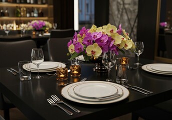 White floral centerpiece on a fine dining table with a formal table setting and a city view, creating a luxurious and elegant restaurant ambiance