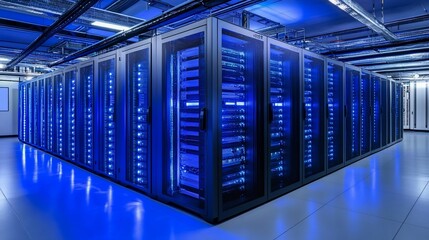 Modern server room, glowing blue, powerful tech, data center