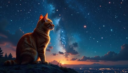 Obraz premium A ginger cat gazing at shimmering constellations, celestial, magical