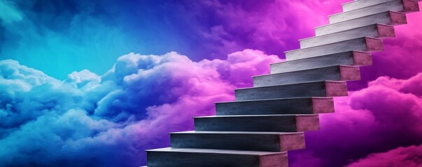 A mystical staircase rises through vibrant clouds, blending shades of blue and pink, evoking a sense of wonder and possibility.