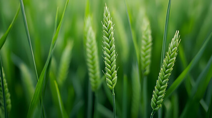 Green Wheat Stalks in Lush Field