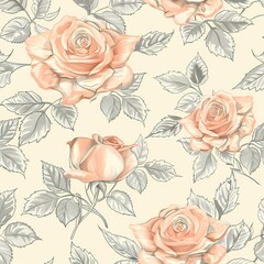 Seamless vintage floral pattern of elegant peach roses with intricate shading.