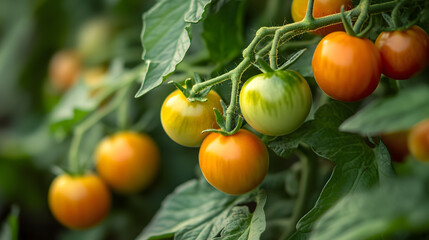 A bunch of tomatoes hanging from a plant