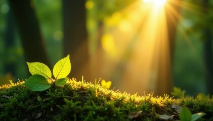 Golden sunbeams pierce leaves, creating radiant spots on mossy ground, natural, landscape