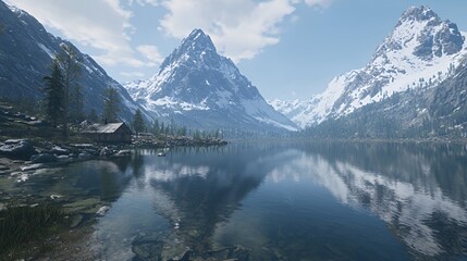 Fototapeta premium Majestic Mountain Lake Landscape with Waterfalls and Birds