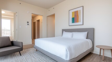 Modern Bedroom Interior, Cozy Apartment, Neutral Decor, Perfect for Photography