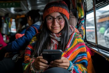 Woman bus travel Andes smartphone