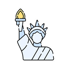 Statue of Liberty, flat design illustration, iconic U.S. symbol of freedom, ideal for tourism and history themes.