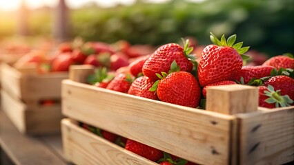 Freshly Harvested Strawberries in Wooden Crates at a Farmer's Market