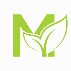Initial Letter M Leaf Logo Concept For Eco Friendly and Organic Symbol Vector Template