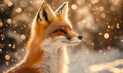 Red fox winter portrait, snowy forest background, wildlife photography