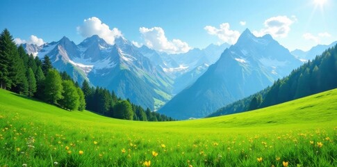 Lush green alpine pasture, snow-capped peaks in the background , view, travel, breathtaking