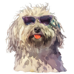 Charming Puli Dog Wearing Stylish Sunglasses Joyfully Smiling in a Beautiful Watercolor Painting Perfect for Pet Lovers and Art Enthusiasts Alike Capturing Fun and Playfulness