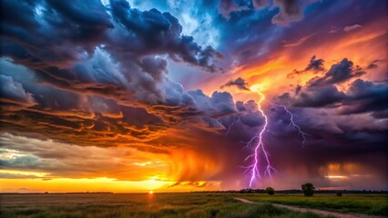 Fototapeta premium Dramatic Storm Clouds with Lightning Striking at Sunset in Nature