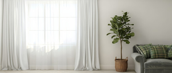 Bright living room with sheer curtains, fiddle leaf fig, and green plaid sofa