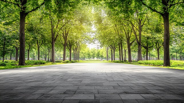Sunlit Path Through Lush Green Trees in a Park