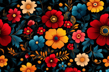Colorful floral embroidery pattern blooming on dark background - obrazy, fototapety, plakaty