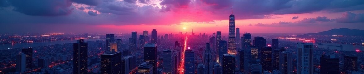 Fototapeta premium Cityscape panorama, twilight hues, skyscrapers, night, blue hour, sunset
