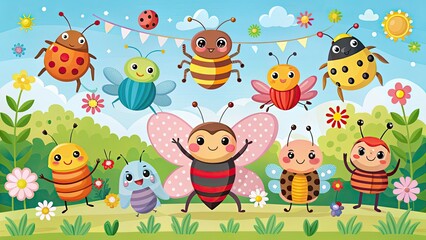 Obraz premium Cute Bug Insect Characters Banner Isolated Concept - Vector Flat Graphic Design Illustration Featuring Adorable Insects for Kids, Nature, and Educational Themes