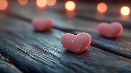 Fototapeta premium Pink hearts wooden table romantic bokeh lights Valentine's