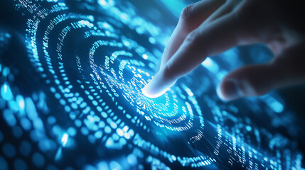 Digital Interaction: A human finger interacts with an illuminated futuristic interface, highlighting concepts of technology, innovation, and the digital age. 