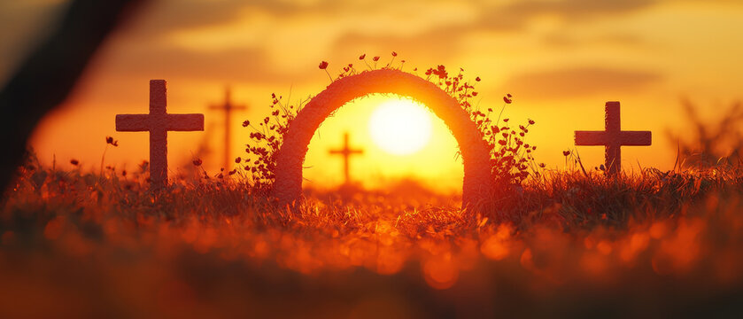 Sunset silhouettes: crosses and floral archway in a field