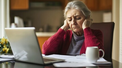 Retirement financial stress in a clean home office. Featuring concern and reflection