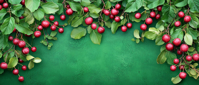 Crimson berries and lush green leaves frame a vibrant green background