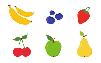 Fruits set. bananas, blueberries, strawberry, cherries, apple, pear, flat style, white background, concept of healthy eating