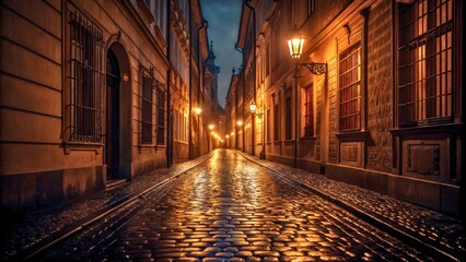 Fototapeta premium Cobblestone Street at Night with Historic Architecture and Warm Street Lamps Illuminating Pathway