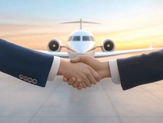 A professional handshake symbolizing partnership and collaboration in the aviation industry at sunset.