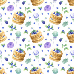 Pancakes with blueberry, blackberry and mint, marshmallow and cake pops watercolor isolated seamless pattern. Hand drawn illustration in purple and green color for kitchen textile, design of pastry.