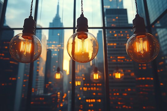Elegant hanging light bulbs illuminate a modern city skyline at sunset, creating a warm ambiance