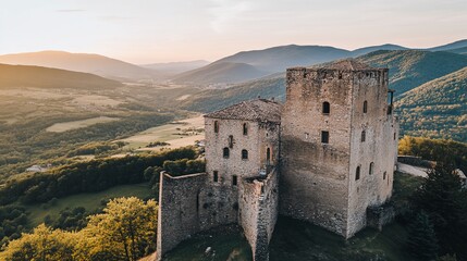 Majestic medieval castle ruins atop hill overlooking valley at sunset.
