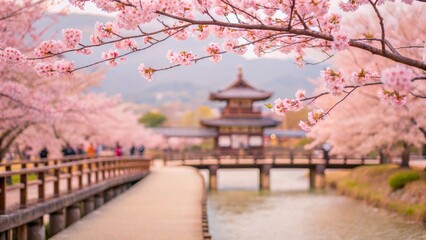 Fototapeta premium Serene Spring Landscape with Cherry Blossoms and Traditional Architecture by a Peaceful Waterway