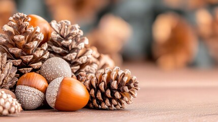 Autumn acorns and pine cones on wood, blurred fall background, Thanksgiving decor