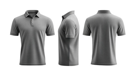 Gray polo shirt mockup showcasing front, side, and back views. Perfect for casual wear or branding
